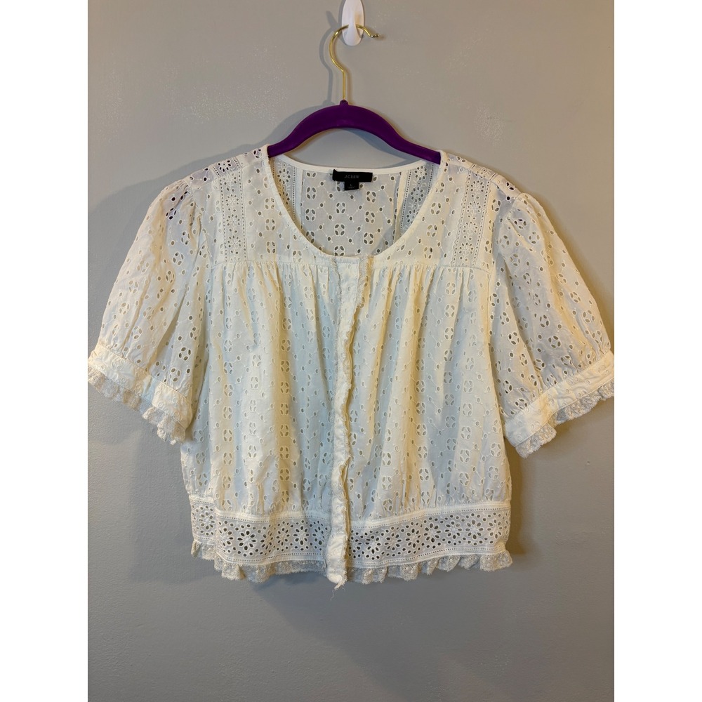 J Crew Ivory Eyelet Lace Short Sleeve Blouse